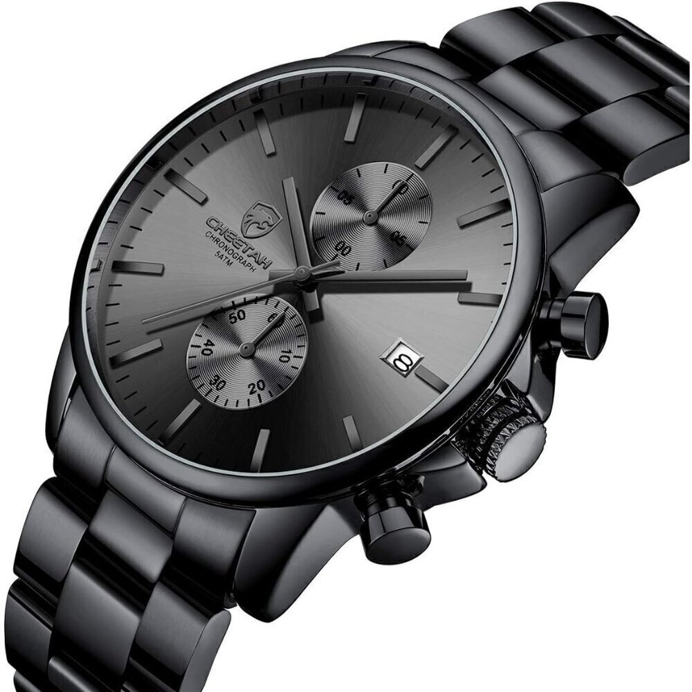 GOLDEN HOUR Men's Black Stainless Steel Chronograph Quartz Watch Waterproof - Picture 2 of 8